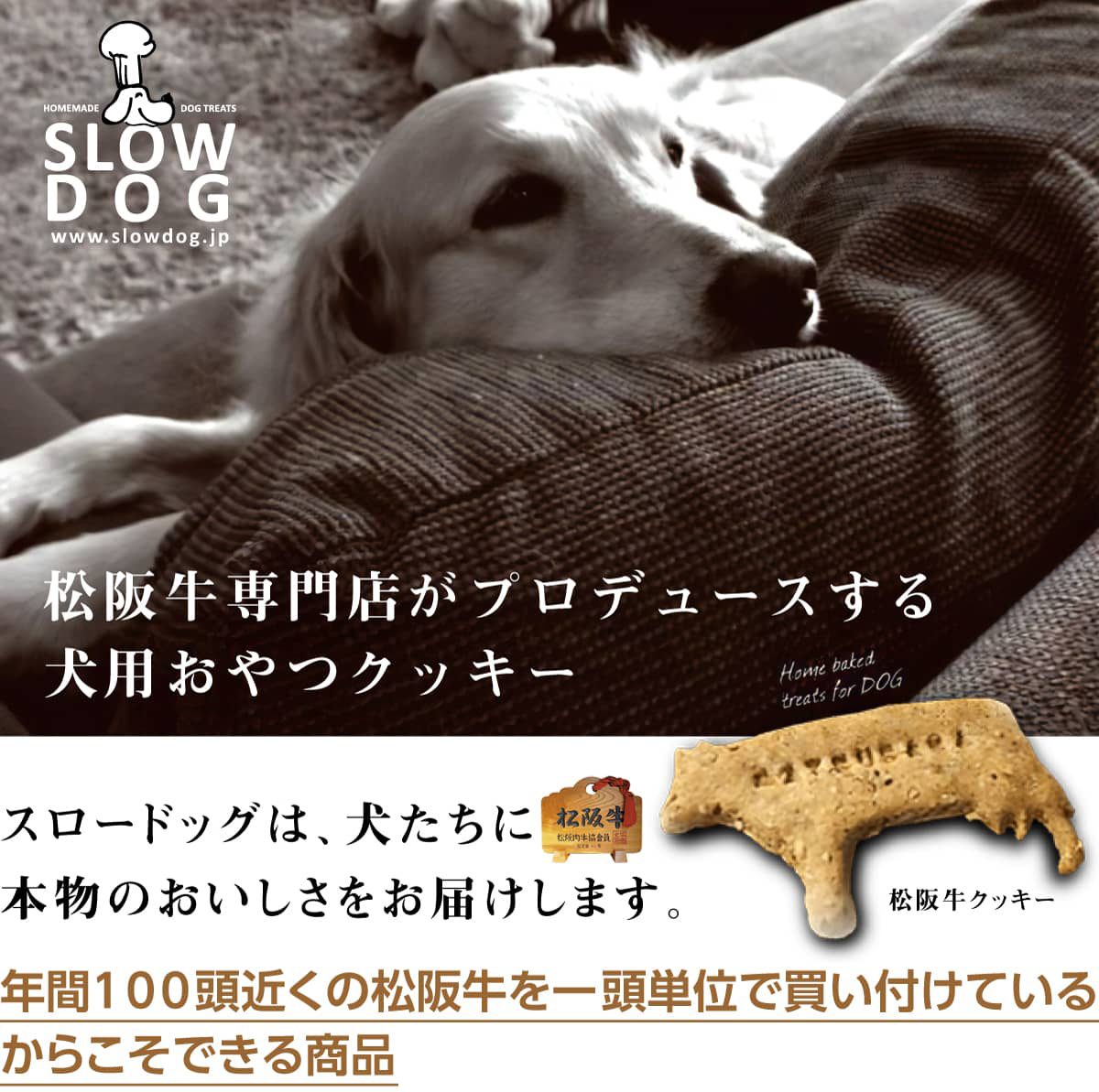 松阪牛専門店がプロデュースする犬用おやつクッキー。スロードッグは、犬たちに本物のおいしさをお届けします。年間100頭近くの松阪牛を一頭単位で買い付けているからこそできる商品。※写真は松阪牛クッキー